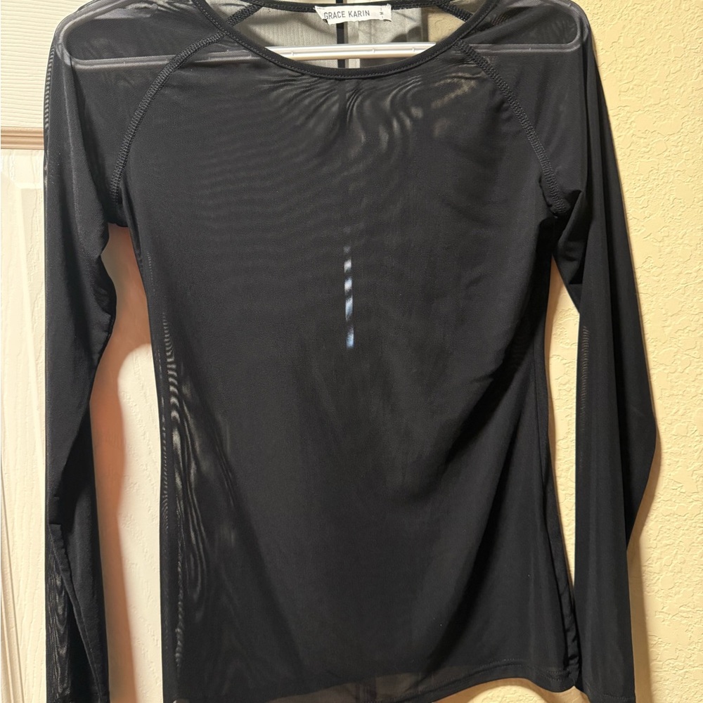 Grace Karin Black Long Sleeve Women's Mesh Top